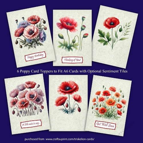 6 Poppy Card Toppers To Fit A6 Cards with Sentiments