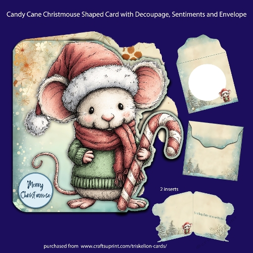 Candy Cane Christmouse Shaped Decoupage Card with Inserts, Envelope and Sentiments