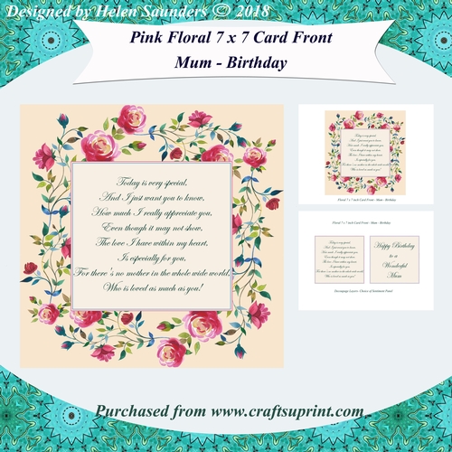 Pink Floral 7 x 7 Inch Card Front with Optional Verse or Sentiment Panel Layer Mum Birthday