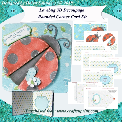Lovebug 3D Decoupage Rounded Corner Card Kit Birthday, Anniversary, Valentine, Ladybird