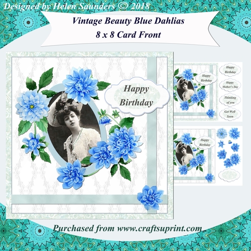 Vintage Beauty Blue Dahlias 8 x 8 Inch Card Front with Decoupage
