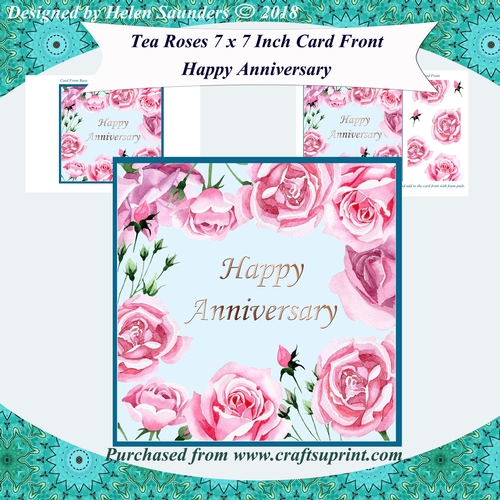 Happy Anniversary Tea Roses 7 x 7 Inch Card Front Mini Kit Topper with Decoupage