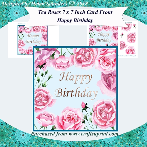 Happy Birthday Tea Roses 7 x 7 Inch Card Front Mini Kit Topper with Decoupage