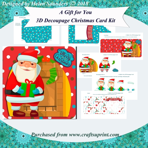 A Gift for You 3D Decoupage Rounded Corner Christmas Card Kit with insert and Envelope