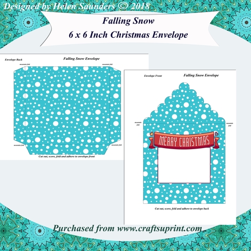 Merry Christmas Falling Snow Blue and White Fancy Envelope 6 x 6 Inch Square