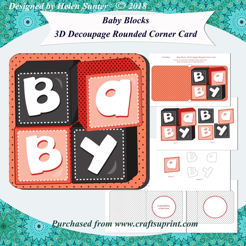 Baby Blocks New Baby Boy or Girl 3D Decoupage Rounded Corner Card with inserts