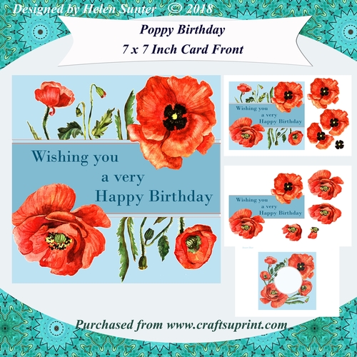Poppy Happy Birthday 7 x 7 Inch Card Front Topper with Decoupage & Insert