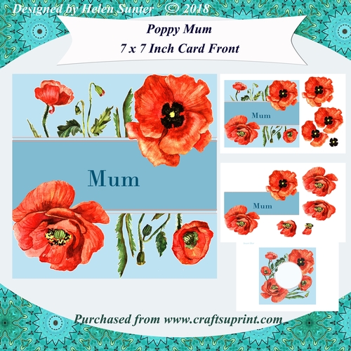 Poppy Mum 7 x 7 Inch Card Front Topper with Decoupage & Insert