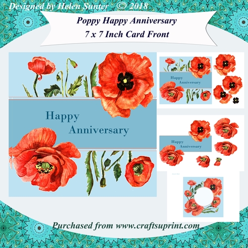 Poppy Happy Anniversary 7 x 7 Inch Card Front Topper with Decoupage & Insert