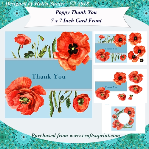 Poppy Thank You 7 x 7 Inch Card Front Topper with Decoupage & Insert