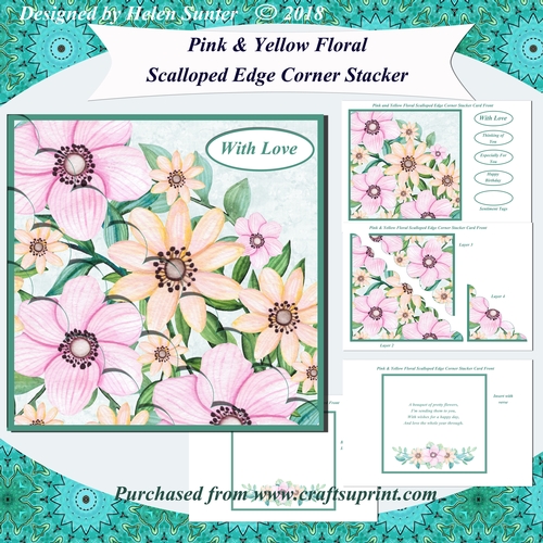 Pink and Yellow Floral Scalloped Edge Corner Stacker 7 x 7 Inch Card Front