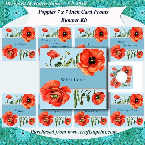 9 Poppies 7 x 7 Inch Card Fronts with Decoupage & Insert Bumper Kit
