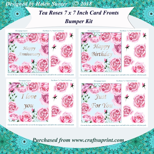 Tea Roses 7 x 7 Inch Card Fronts Toppers with Decoupage Bumper Kit