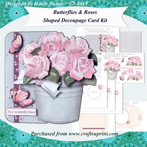 Butterflies & Roses Shaped Decoupage Card Kit with Envelope and Inserts