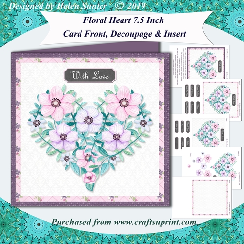 Floral Heart 7.5 Inch Card Front Topper with Decoupage, Insert & Sentiment Tiles No.1