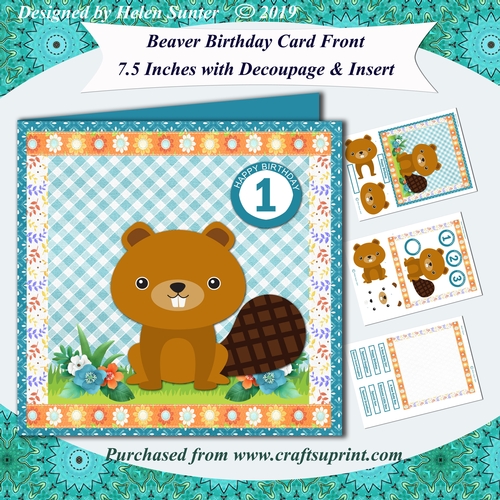 Beaver Birthday or New Baby 7.5 Inch Card Front with Decoupage & Insert