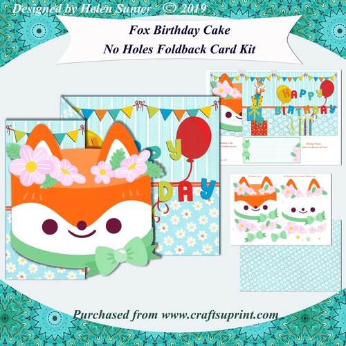 Fox Novelty Birthday Cake No Holes Foldback Card Kit with Decoupage