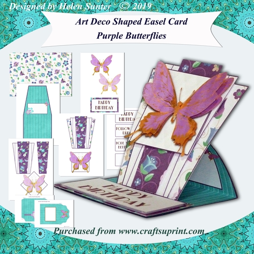 Art Deco Shaped Easel Card & Envelope Purple Butterflies