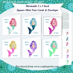 Mermaids 3 x 3 Inch Square Mini Note Cards and Envelope Set