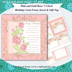 Pink and Gold 7.5 Inch Roses Birthday Card Front, Insert and Gift Tag