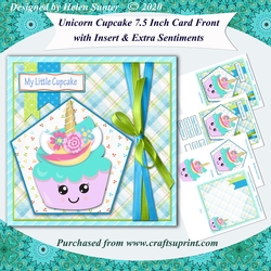 Unicorn Cupcake 7.5 Inch Card Front, Insert & Extra Sentiments