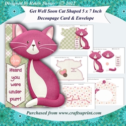 Get Well Soon Cat Shaped 3D Decoupage Card and Envelope