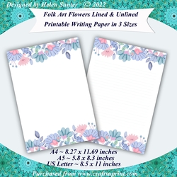 Folk Art Flowers Lined and Plain Writing Paper in A4, A5 and US Sizes Stationery Set
