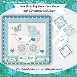 New Baby Boy Pram 3D Decoupage Card Front and Insert