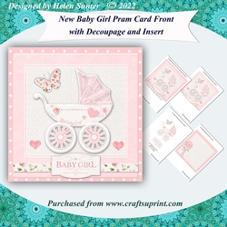 New Baby Girl Pram 3D Decoupage Card Front and Insert