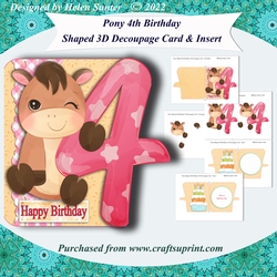 Pony 4th Birthday Shaped 3D Decoupage Card and Inserts