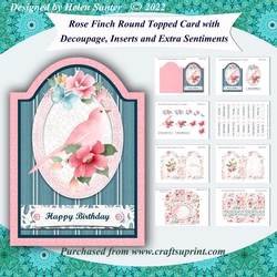 Rose Finch Round Topped Decoupage Card with Envelope, Inserts and 22 Sentiments