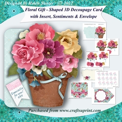 Floral Gift Shaped 3D Decoupage Card with Insert, Sentiments and Envelope