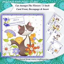 Cat Amongst the Flowers 7.5 Inch Card Front with Decoupage and Insert