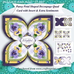 Pansy Petal Shaped Decoupage Quad Card with Insert and Extra Sentiments