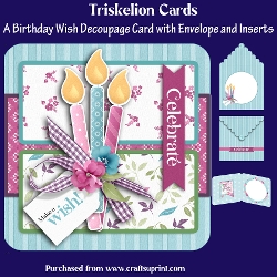 A Birthday Wish Rounded Corner Decoupage Card with Inserts and Envelope in Blue
