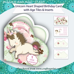 Unicorn Heart Shaped Decoupage Birthday Card with Age Tiles & Inserts