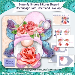 Butterfly Gnome and Roses Shaped Decoupage Card with Insert and Envelope
