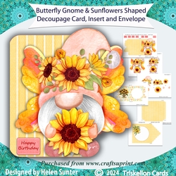 Butterfly Gnome and Sunflowers Shaped Decoupage Card with Insert and Envelope