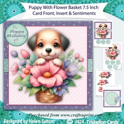 Puppy Dog with Flower Basket 7.5 Inch Card Front with Decoupage and Insert