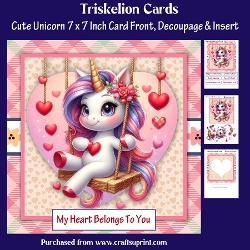 Cute Unicorn 7 x 7 Inch Valentines Card Front with Decoupage and Insert