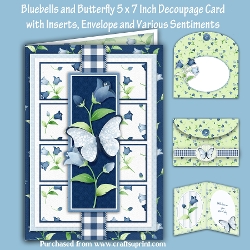 Bluebells and Butterfly 5 x 7 Inch Decoupage Card with Inserts, Envelope and Various Sentiments