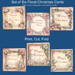 Six Pink Floral Christmas Cards - Cut and Fold