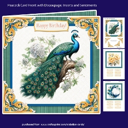Peacock 6.5 Inch Square Card Front with Inserts, Decoupage and Sentiments