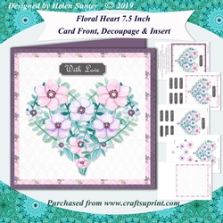 Floral Heart 7.5 Inch Card Front Topper with Decoupage, Insert & Sentiment Tiles No.1