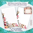 Wild Roses Floral Stationery, Lined & Plain Writing Paper, A4 A5 US Letter Size, Note Paper & Envelope