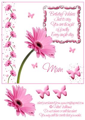 Pink Gerbera & Butterfly Wishes 8x8 Inch Topper Birthday Mum