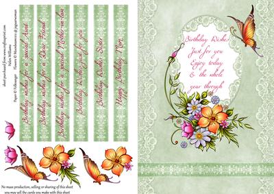 Painted Flowers & Butterfly on Blush Green Birthday Card