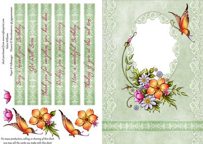 Painted Flowers & Butterfly on Blush Green Card Front
