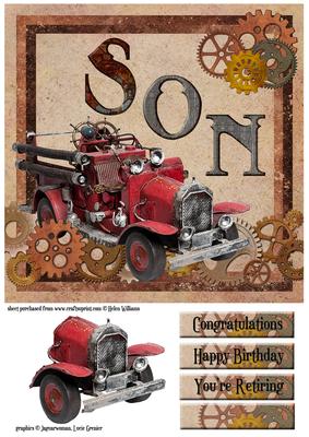 Steampunk Vintage Fire Engine Son 8x8inch Topper