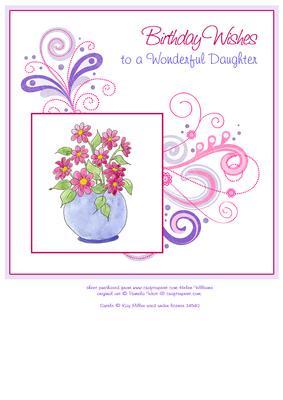 Daughter Birthday Pot of Flowers & Swirls 8x8inch Topper